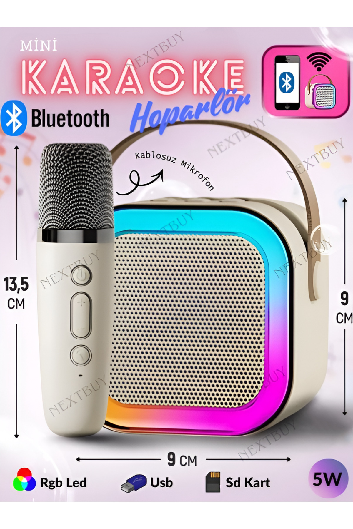nextbuy Mini Karaoke Bluetooth Hoparlör Kablosuz Mikrofonlu Rgb