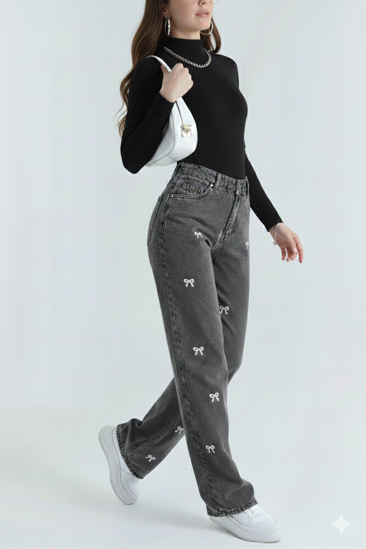 sion jeans  Fiyonk Detaylı Gri Siyah Yıkma Palazzo Salaş Kadın Kot Pantolon Jean