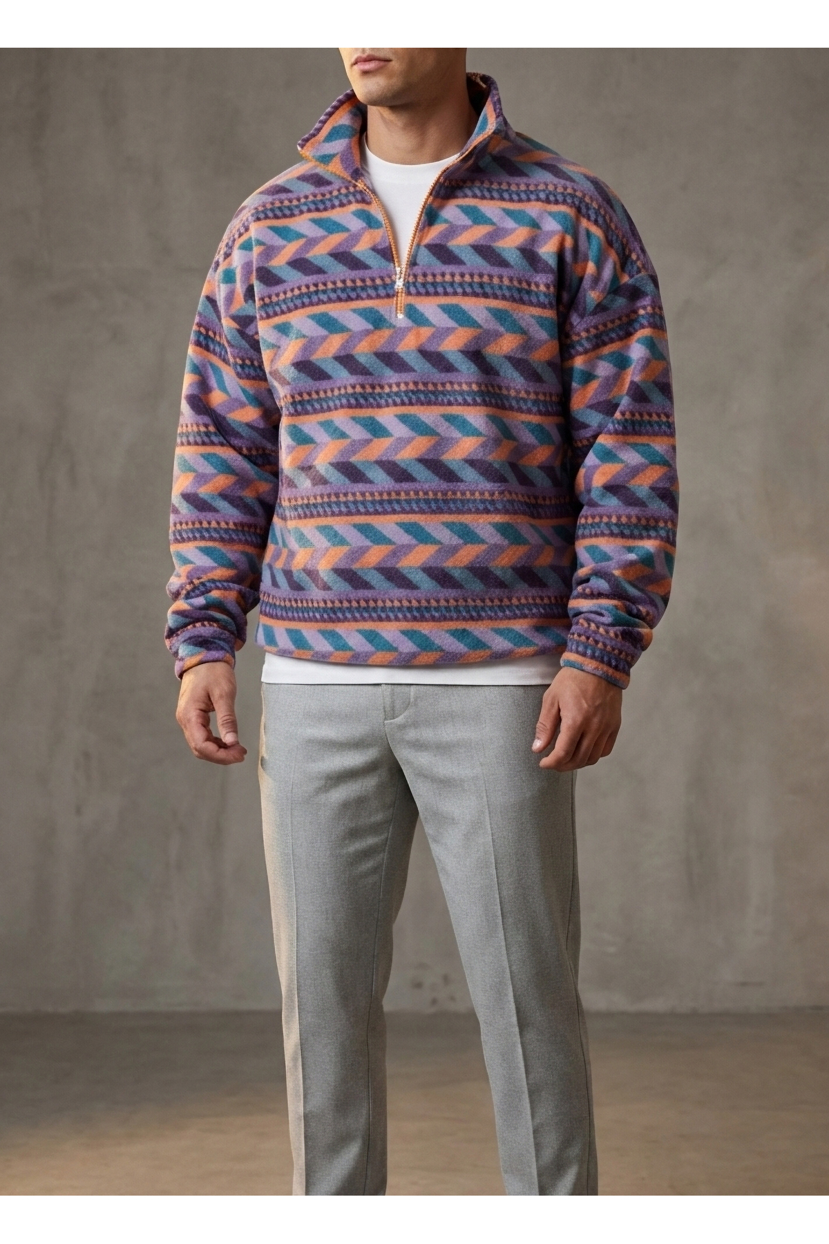 Çok Renkli Etnik Desen Yarım Fermuarlı Oversize Sweatshirt — رنگارنگ SWT-6743
