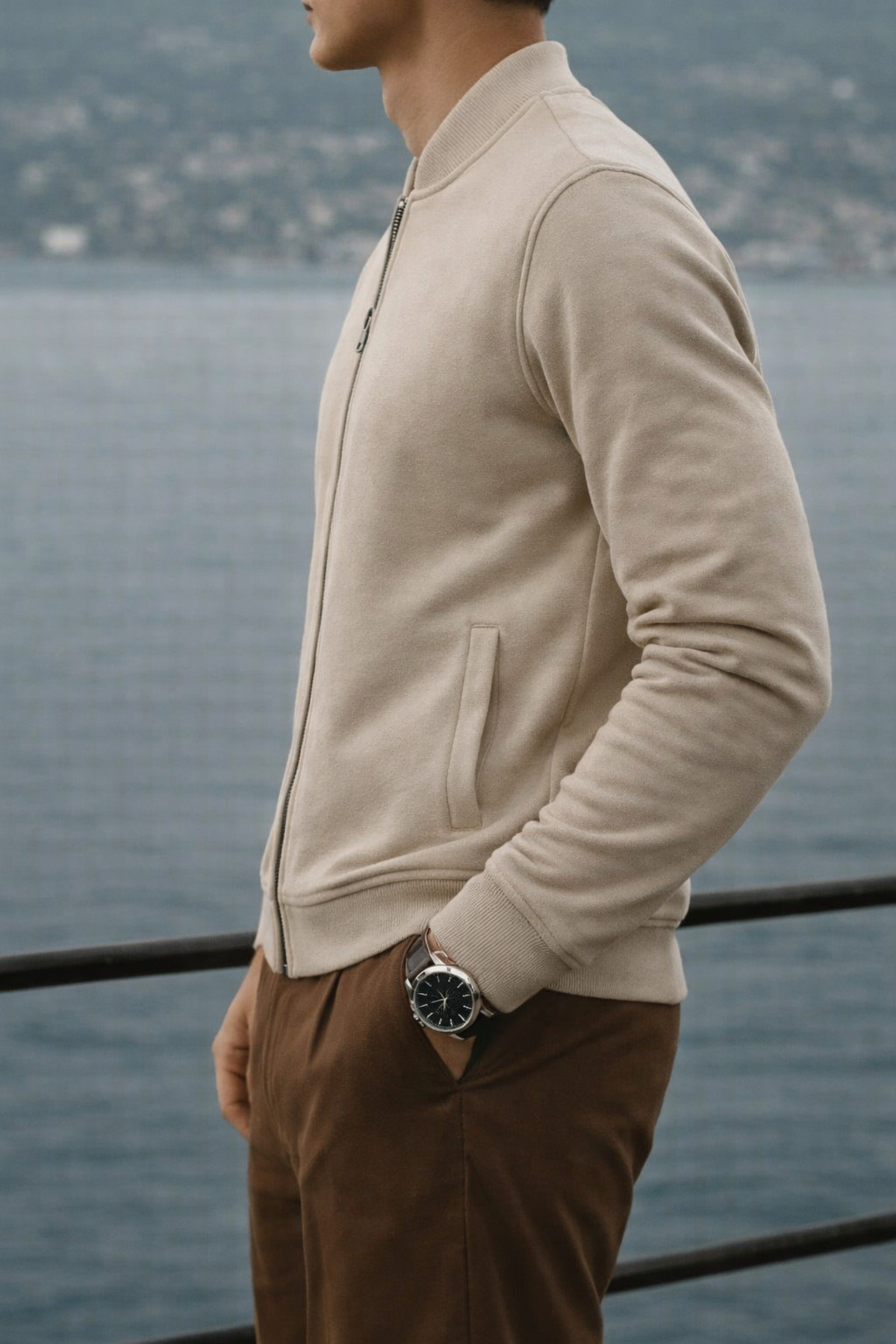 COMBİNE MİCHAİL  Erkek Relax Pamuklu Krem Bol Kolej Ceket - Görsel 4