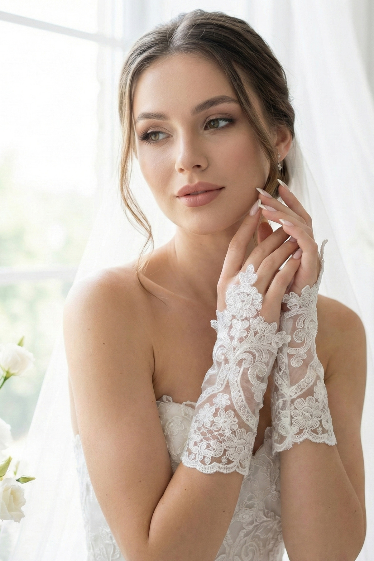 Hobigram  Élise Lace Gelin Eldiveni – Nikah Düğün İçin Dantelli Ara Parmak Zarif Gelin Aksesuarı