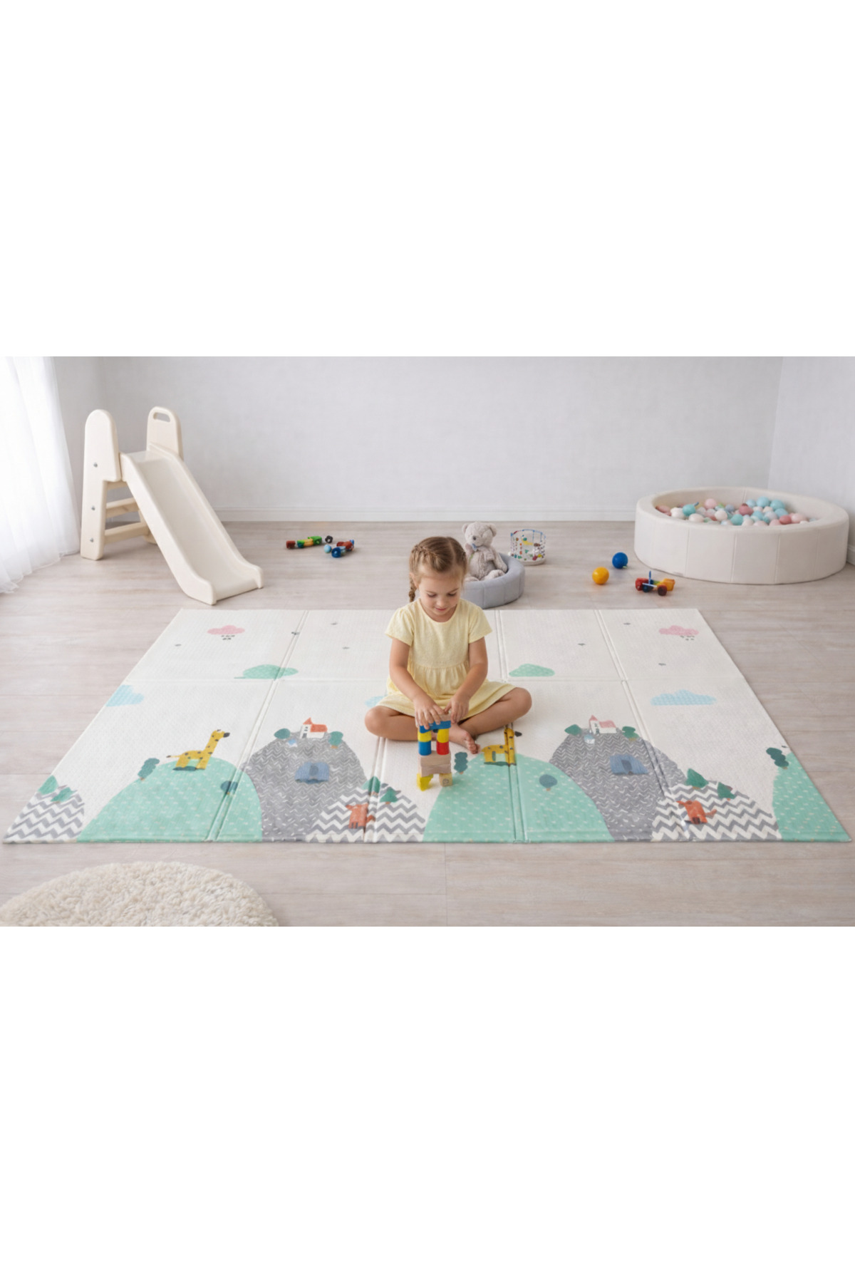 PUREZA Çift Taraflı Katlanabilir Oyun Matı Kaymaz,DarbeEmici,BulutlarDağlar PembeAyı Yerli Üretim 200x130x1 fotoğrafı 5 (önizleme)