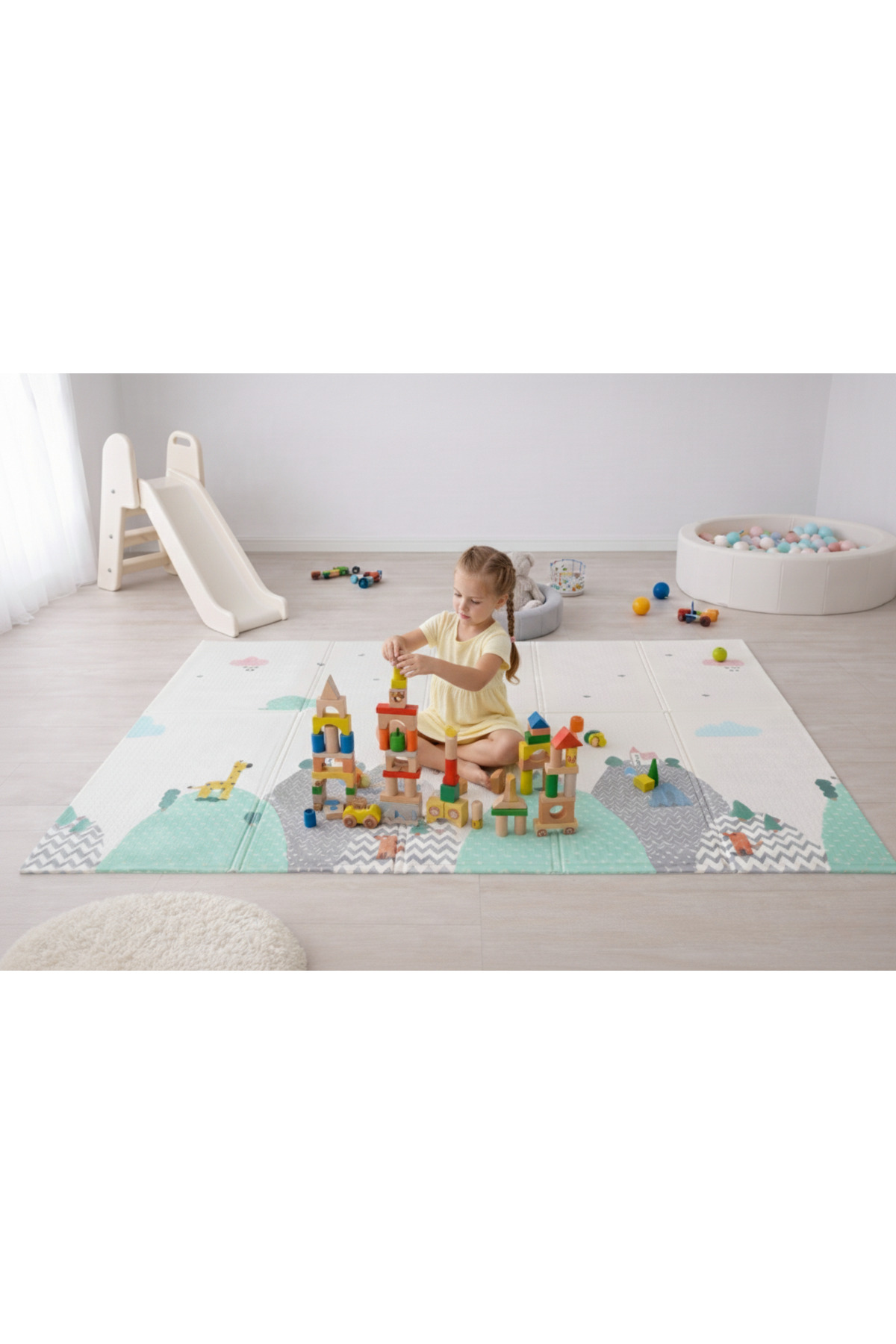 PUREZA Çift Taraflı Katlanabilir Oyun Matı Kaymaz,DarbeEmici,BulutlarDağlar PembeAyı Yerli Üretim 200x130x1 fotoğrafı 4 (önizleme)