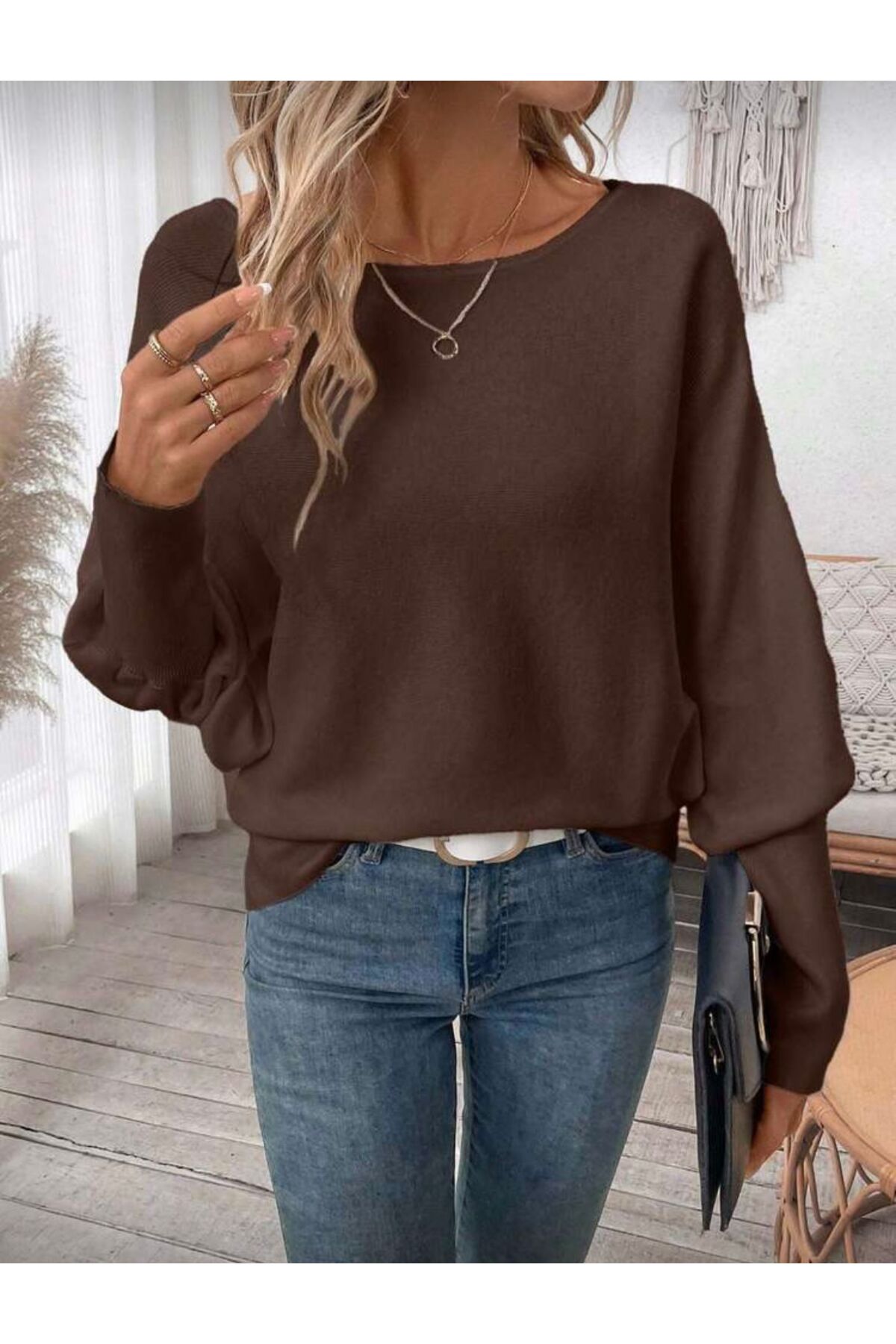 Maysev  Kayık Yaka Yarasa Kol Rib Manşet Regular Fit Triko Kadın Kazak - Görsel 5