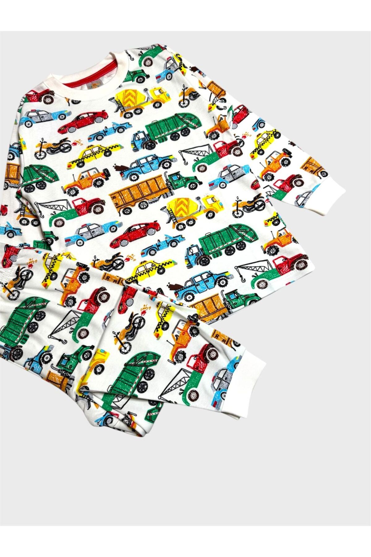 elmas kids Erkek Çocuk %100 Pamuklu Beyaz Araba Kamyon Motor Desenli Uzun Kollu Pijama Takımı fotoğrafı 3 (önizleme)