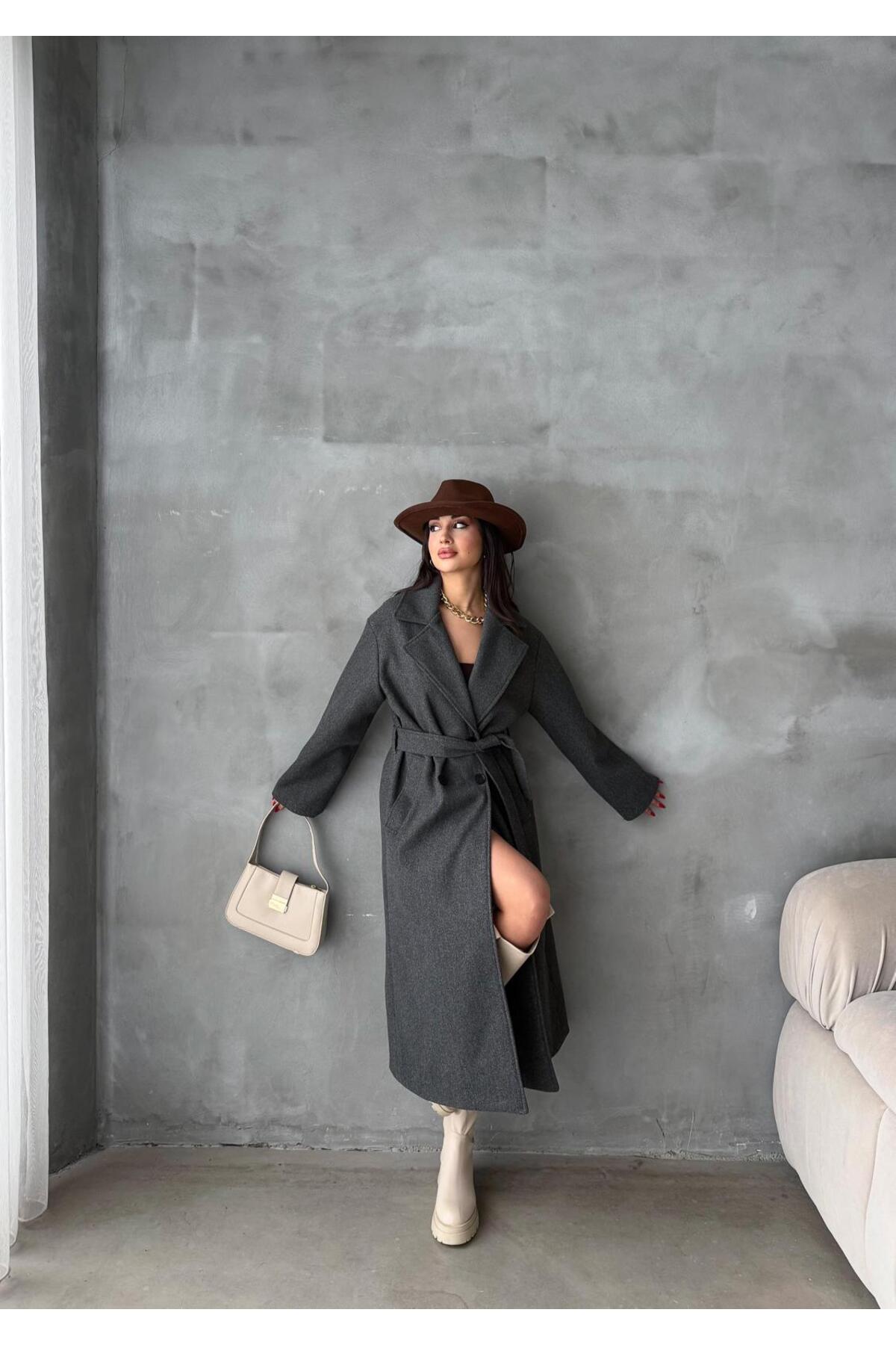 Arfami  Kruvaze Yaka Belden Kuşaklı Düğmeli Astarlı Kaşe Kaban - Görsel 5