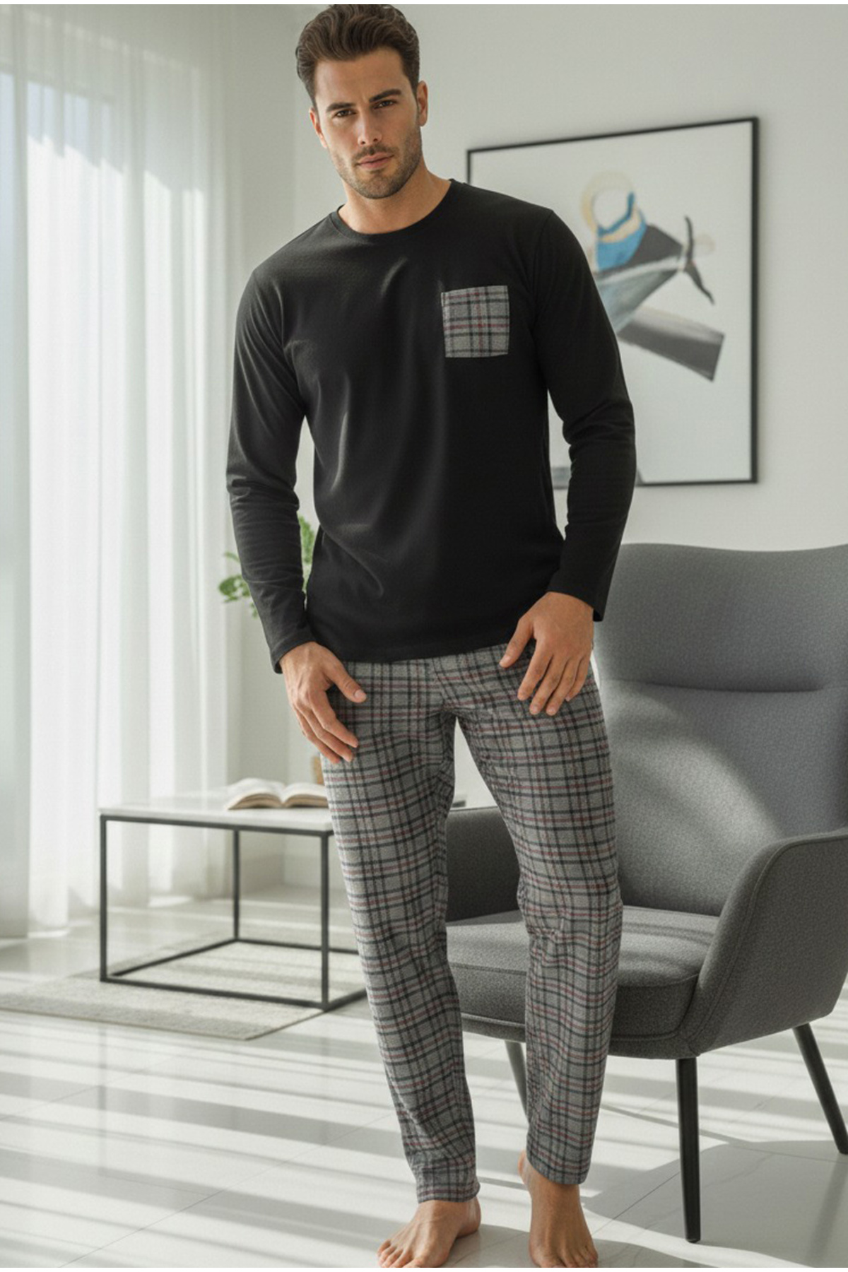 Siyah İnci  gri ekose desenli üst siyah cep nakışlı Örme Pijama Takım 7986 - Görsel 2