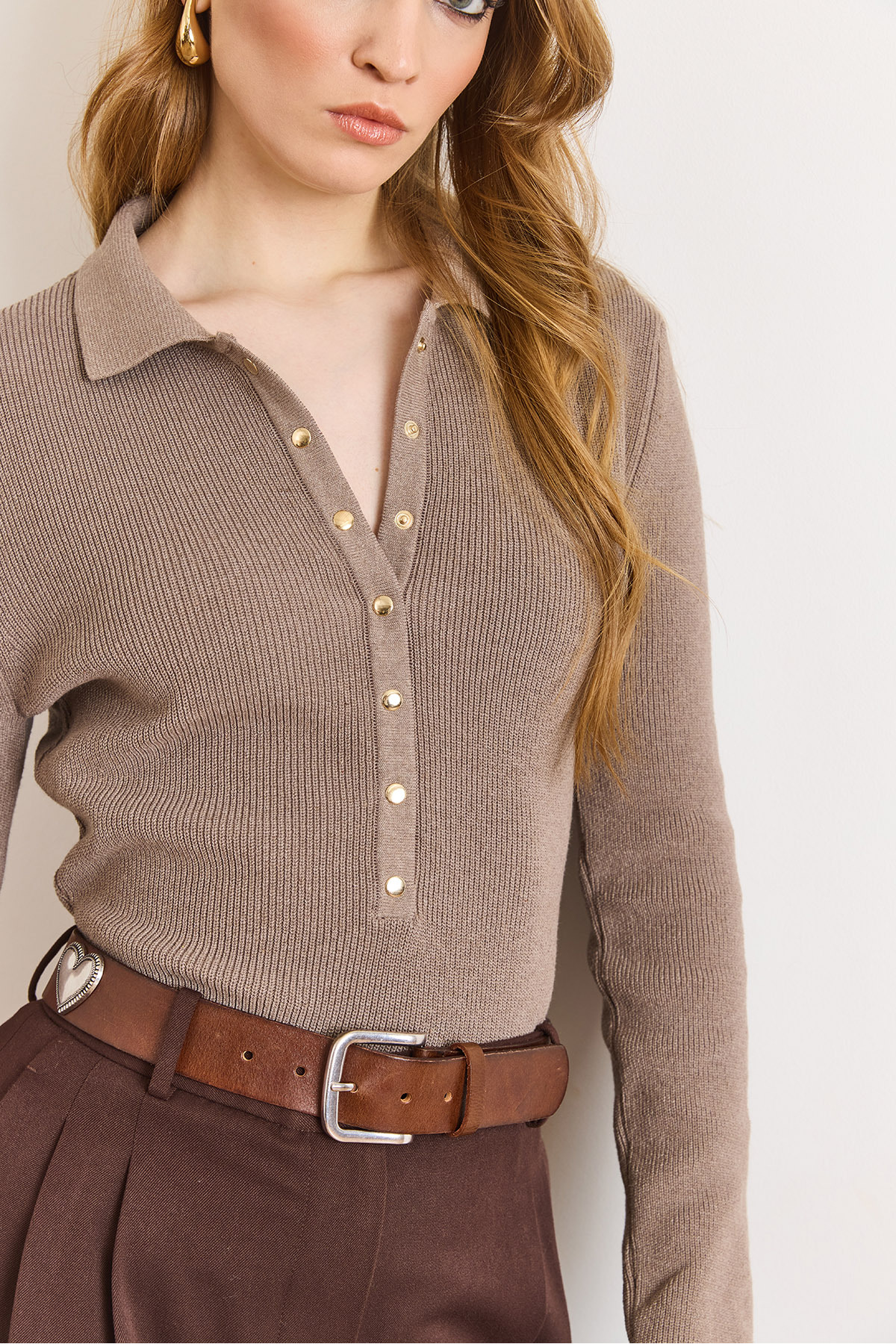 Olalook  Kadın Vizon Polo Yaka Çıtçıt Detaylı Yumuşak Dokulu Kazak KZK-19001136 - Görsel 4