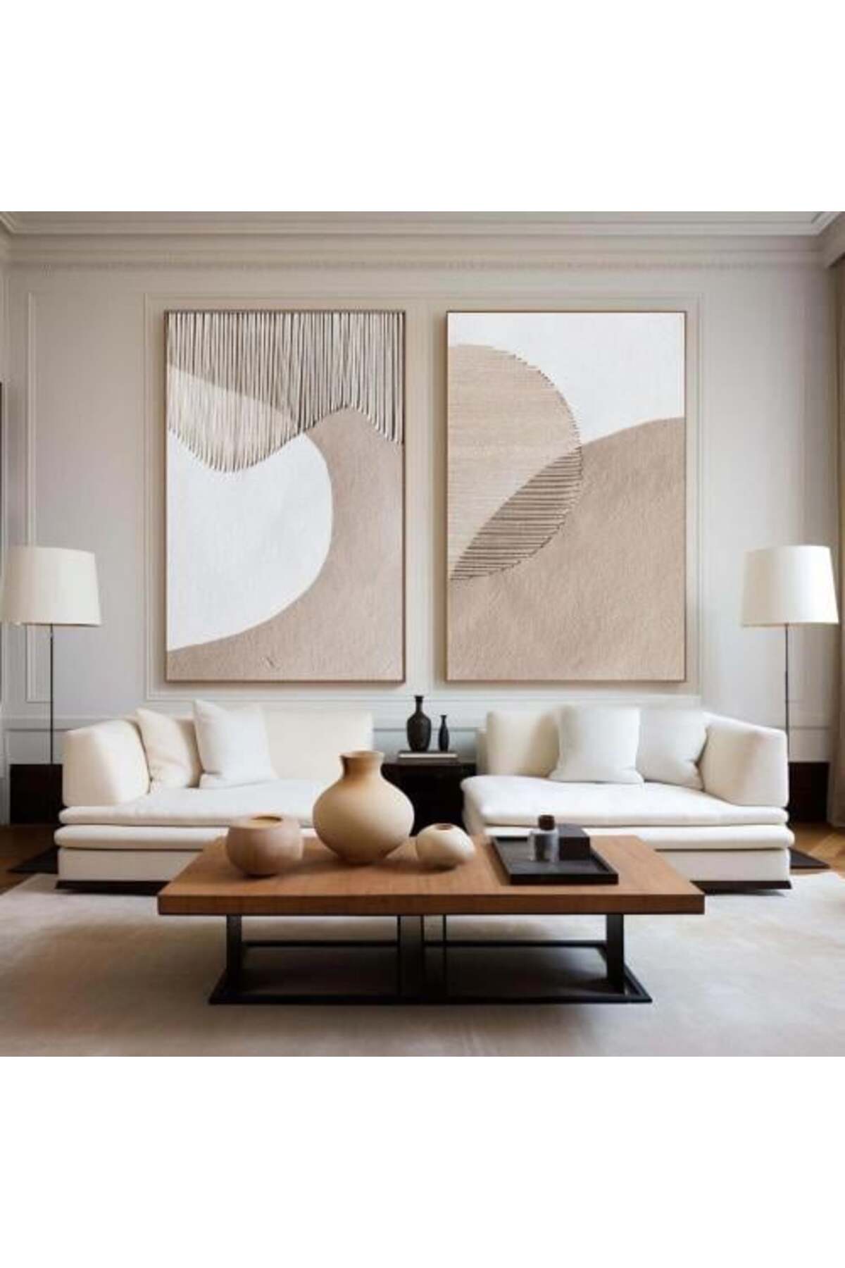 Two abstract paintings with a modern calm design,...
