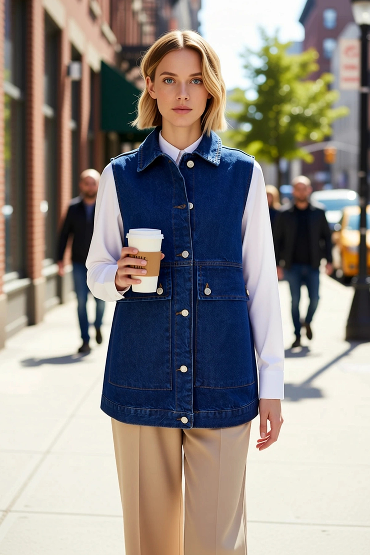 Kadın Gömlek Yaka Kolsuz Düğmeli Cepli Denim Yelek Ceket Regular Kalıp Kumaş Şık %100 Pamuk