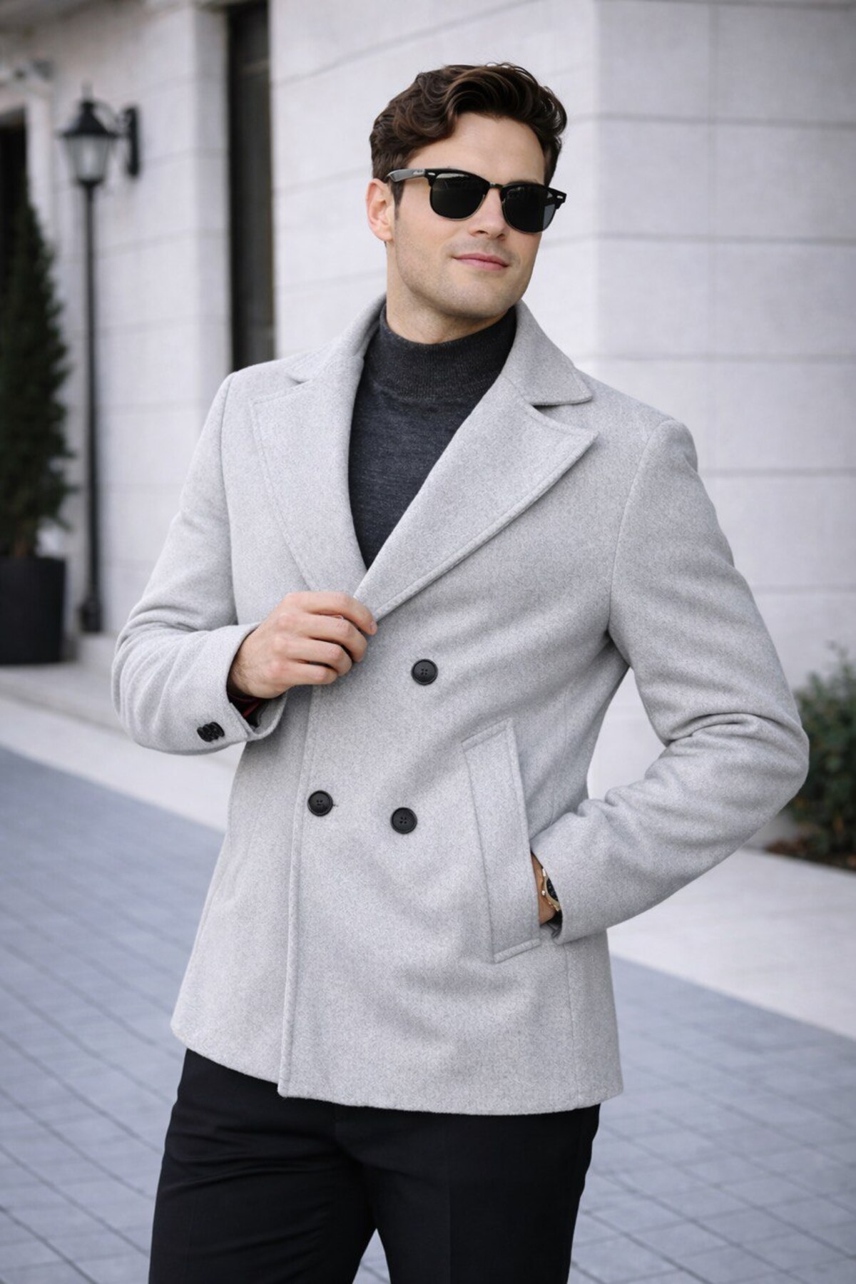 BASEL.CO  Erkek Casual Kruvaze Midi Boy Kaşe Kaban - Modern Kesim - Görsel 2