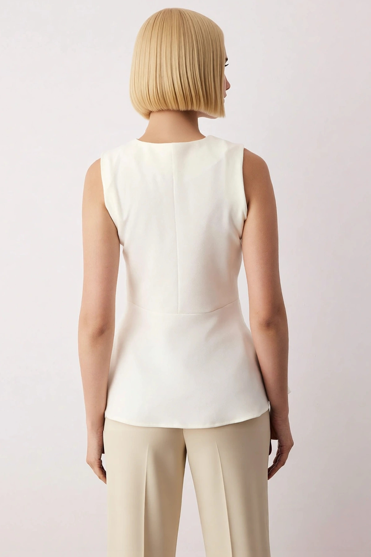 Kadın Bisiklet Yaka Kolsuz Fitted Kalıp Peplum Dokuma Yelek Düz Desen Astarsız Regular Boy