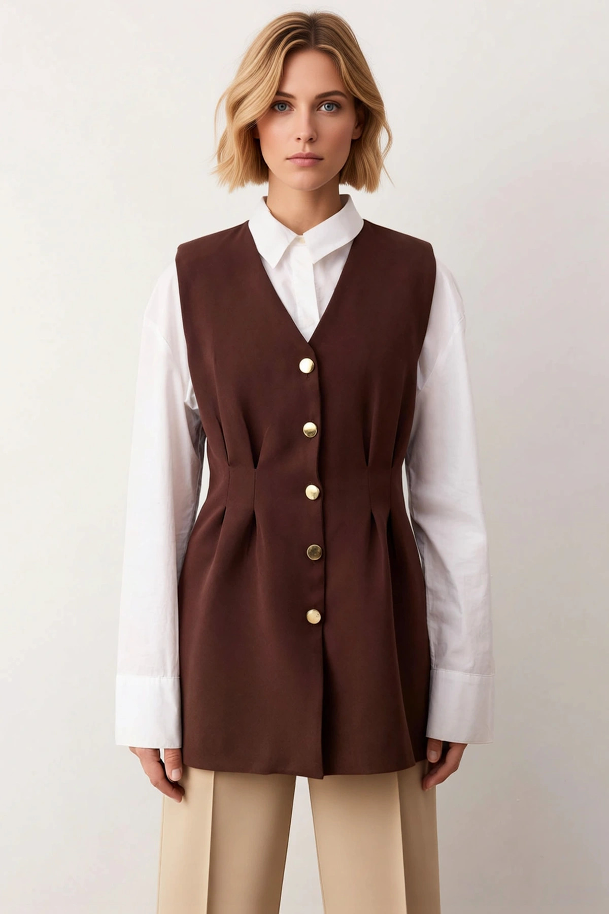 Kadın V Yaka Kolsuz Fitted Dokuma Yelek Peplum Detaylı Çıtçıt Kapatmalı Regular Boy Astarlı