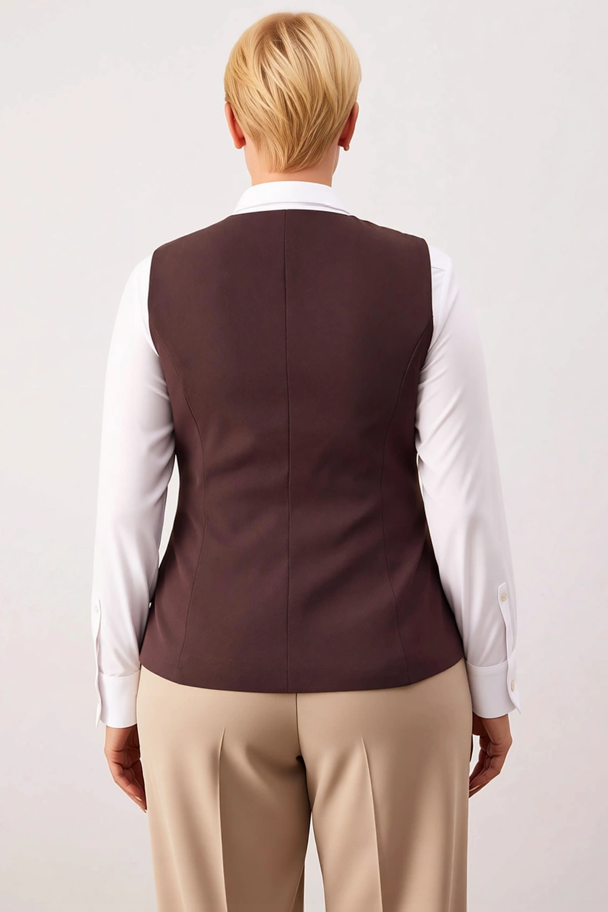 Kadın Büyük Beden Bisiklet Yaka Kolsuz Dokuma Yelek Düz Desen Fitted Kalıp Regular Boy Business