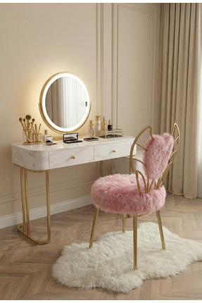 lowena home MODERN PEMBE PELUŞ KUMAŞLI MELEK TASARIM MAKYAJ SANDALYESİ YUVARL...