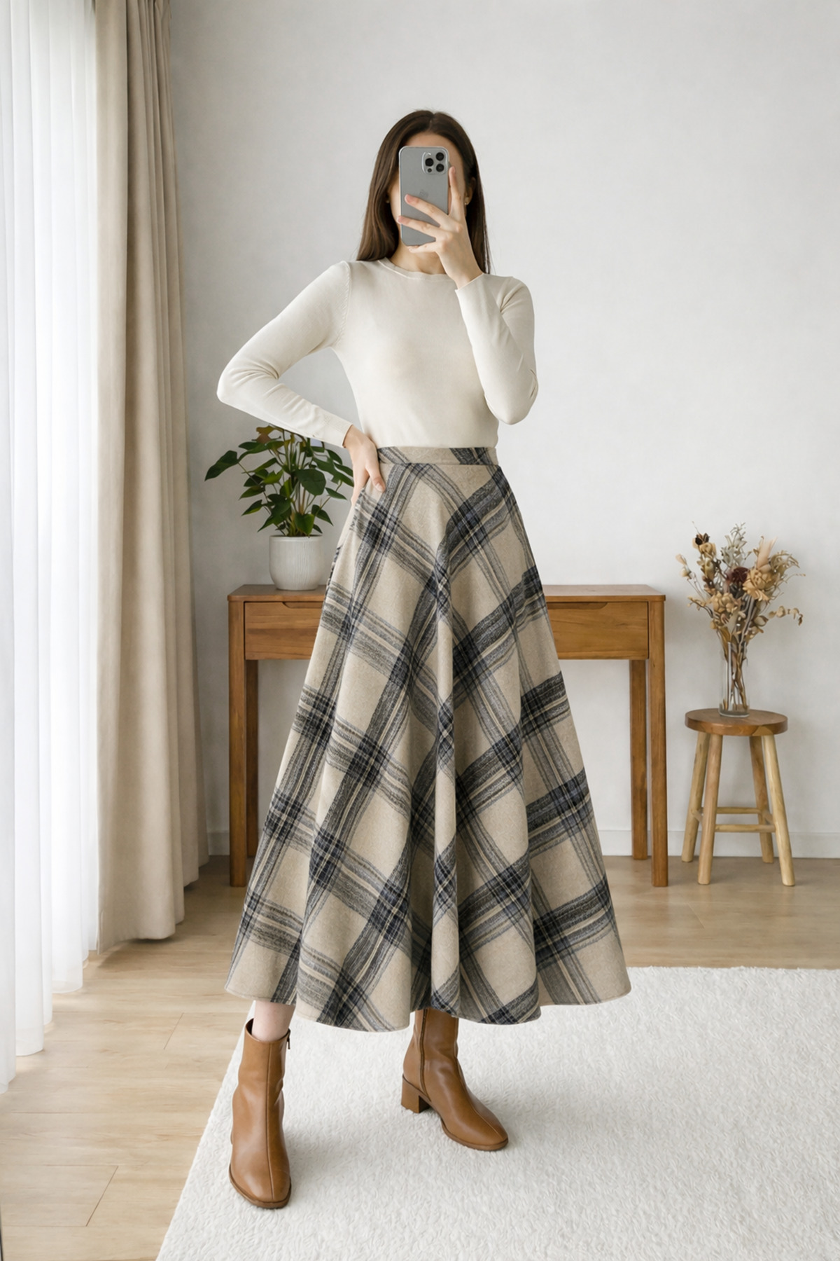 MODAQU  Ekose Desen Kaşe Kloş Etek - Vizon - Görsel 2