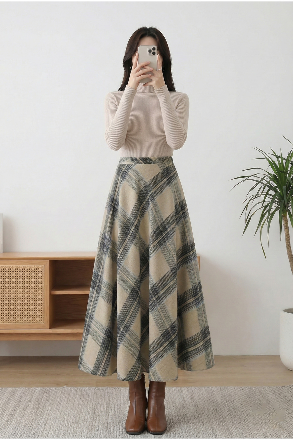 MODAQU  Ekose Desen Kaşe Kloş Etek - Vizon