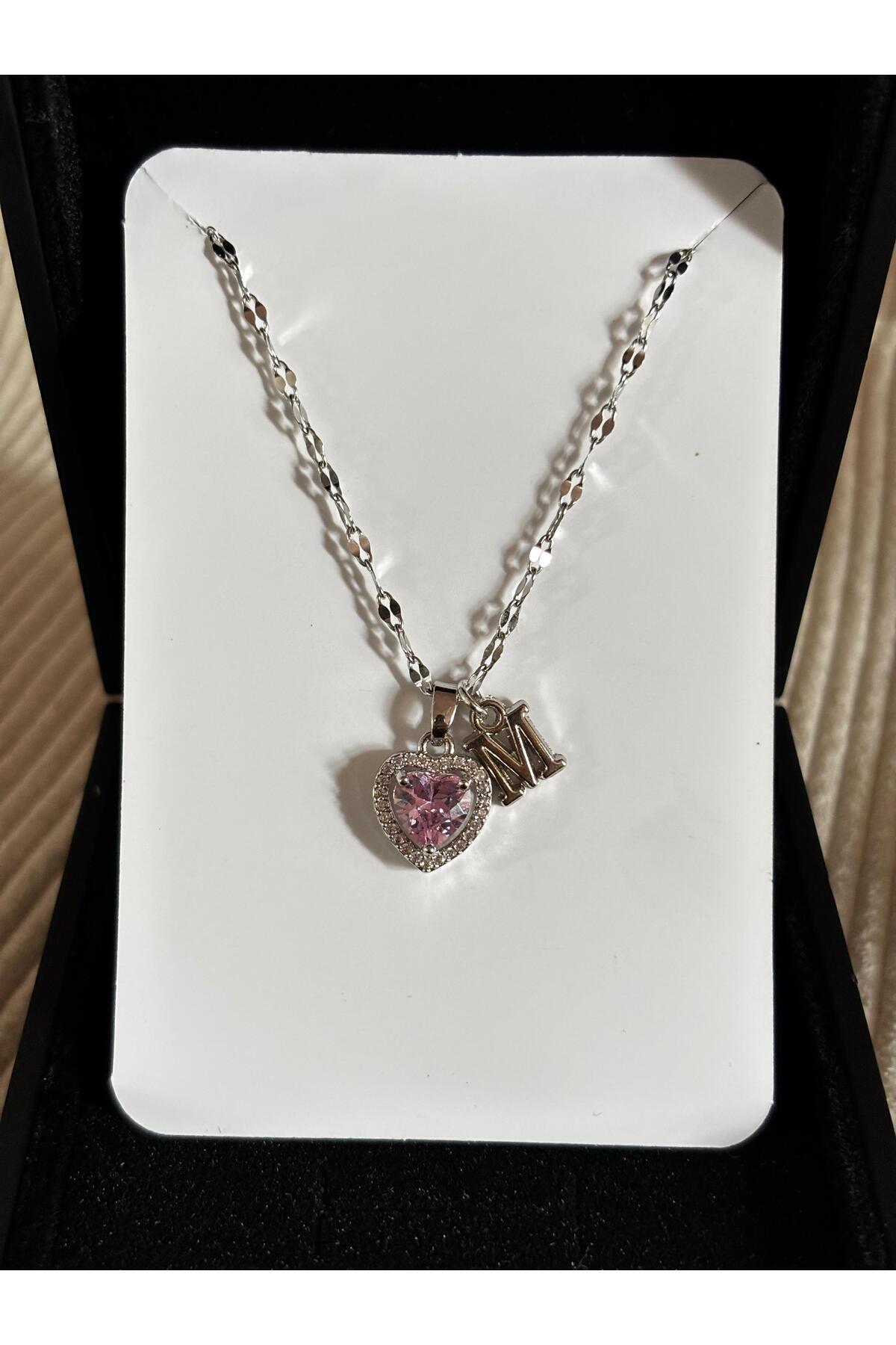 bijoux uniques Çelik pembe kalpli M harfli kadın kolye