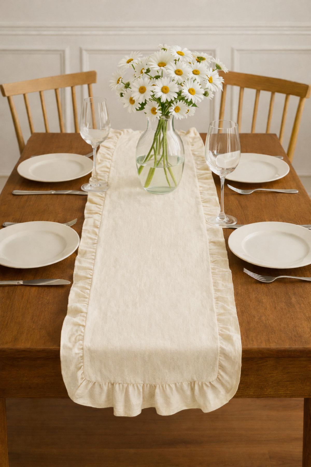 %100 Pamuk Fırfırlı Runner Amerikan Servis Vintage Lüks Overlok Dikişli Naturel Doğal Kumaş 40x110cm