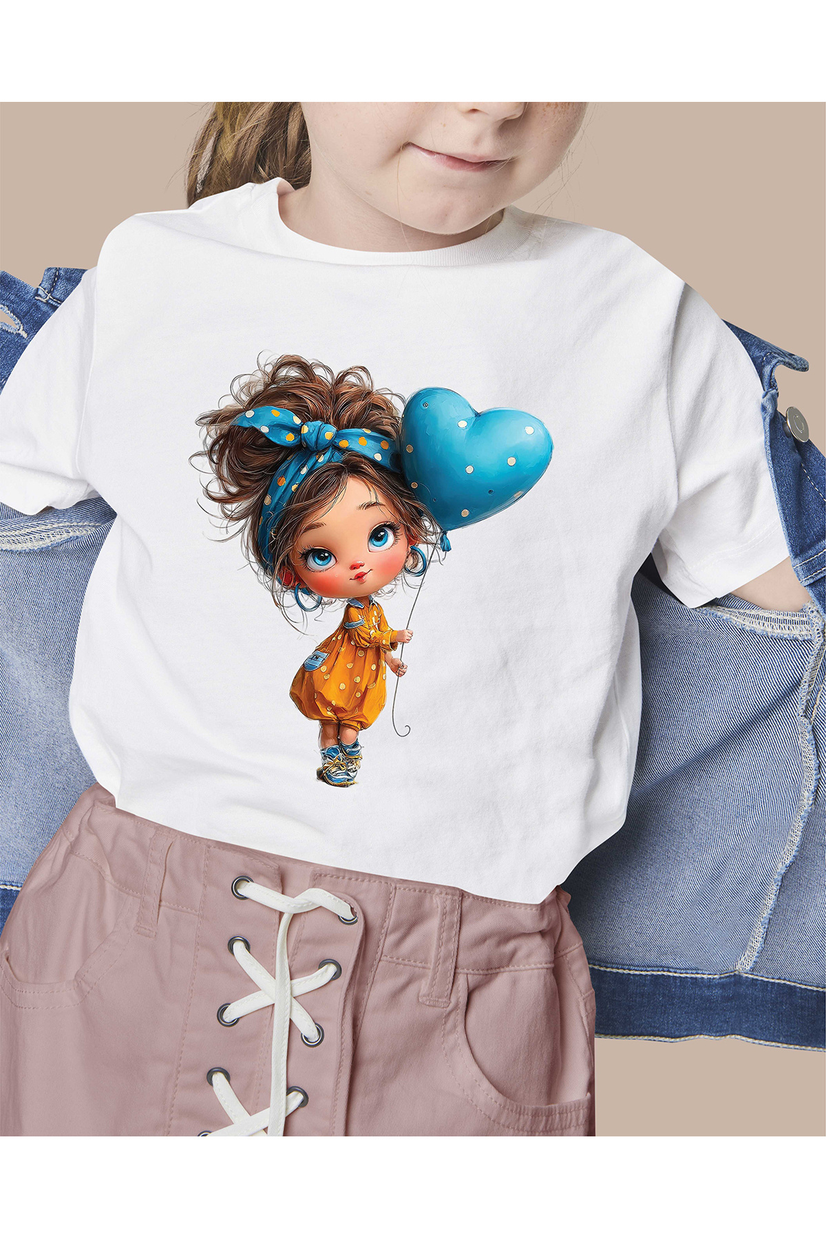 Cute Girl Printed 100% Cotton O-Neck T-Shirt with Balloon