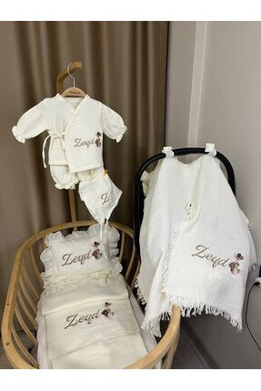 handemnakış tasarım İsimli Nakışlı Müslin 6'lı Hastane Çıkış Set-Alt Üst Takı...