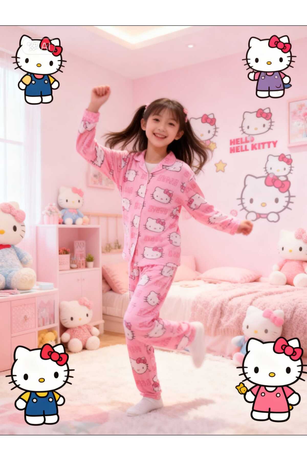 NiCe İç Giyim Hello Kitty Temalı İnce Milan Kumaş Pembe Gömlek Baharlık Kız Çocuk Pijama Takım fotoğrafı 6 (önizleme)