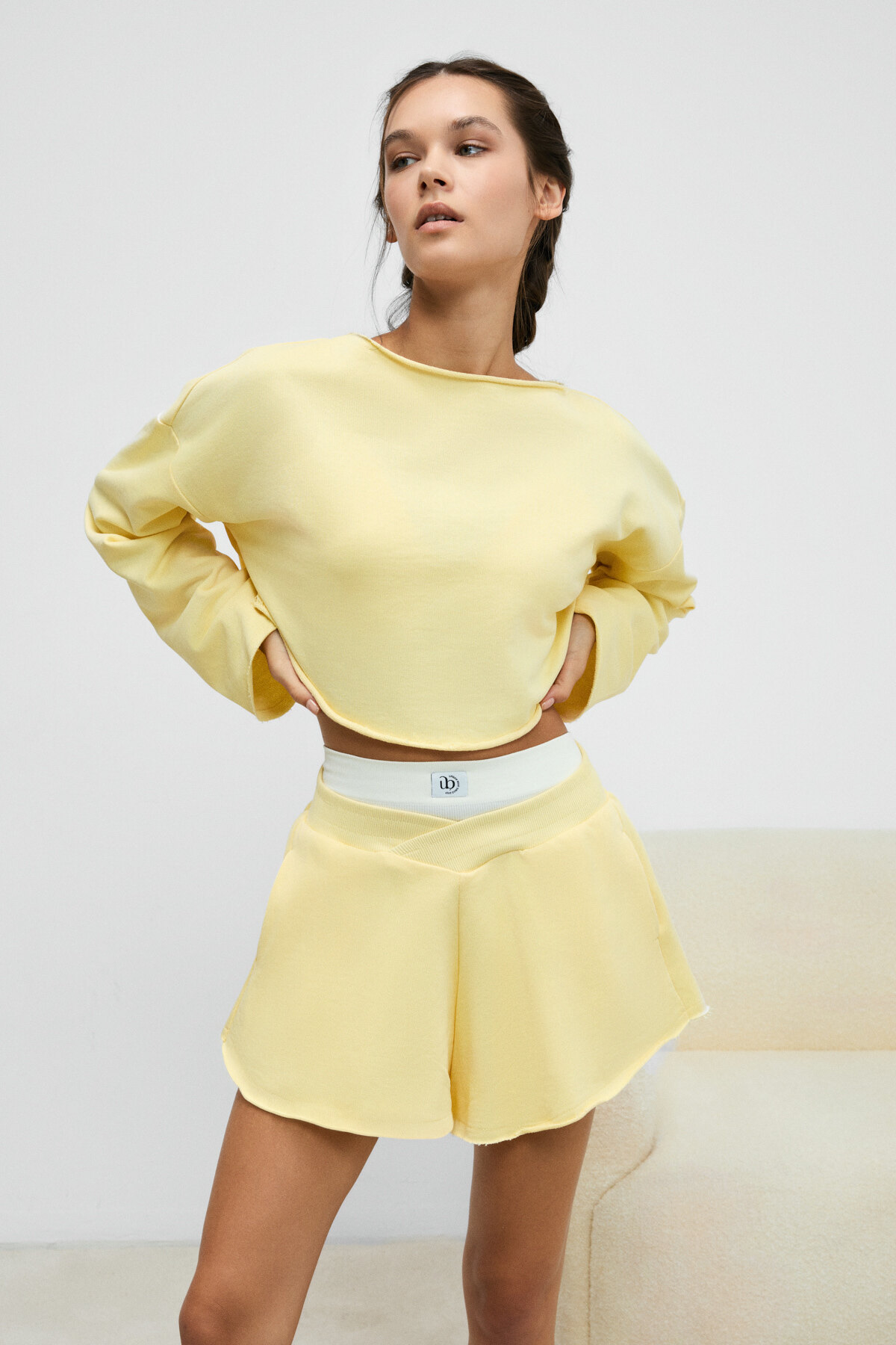 Urban Beat CYBELE Kadın Kayık Yakalı Oversize Uzun Kollu Sarı Sweatshirt görsel 3