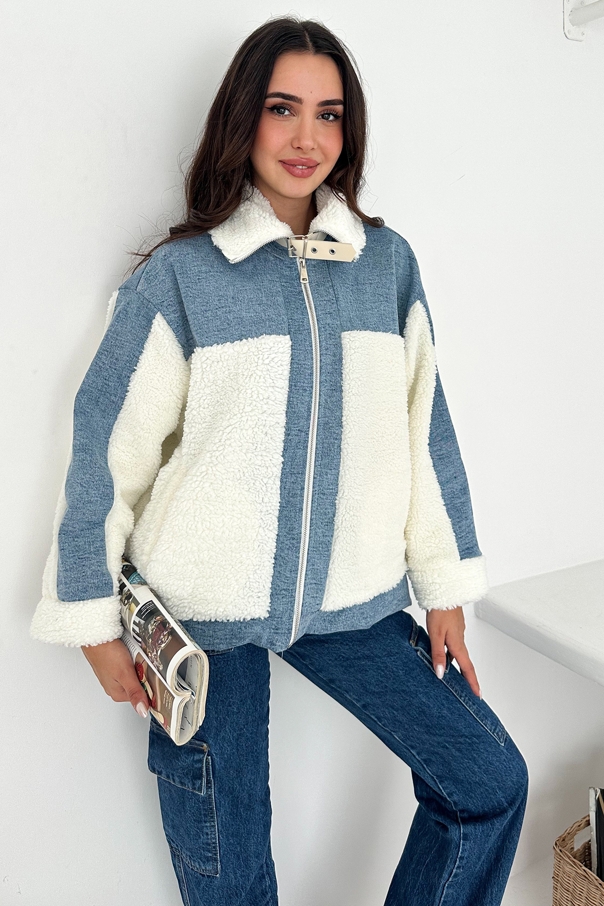Noa Noa  Kadın Patchwork Sherpa Mont – Denim Frost - Görsel 5