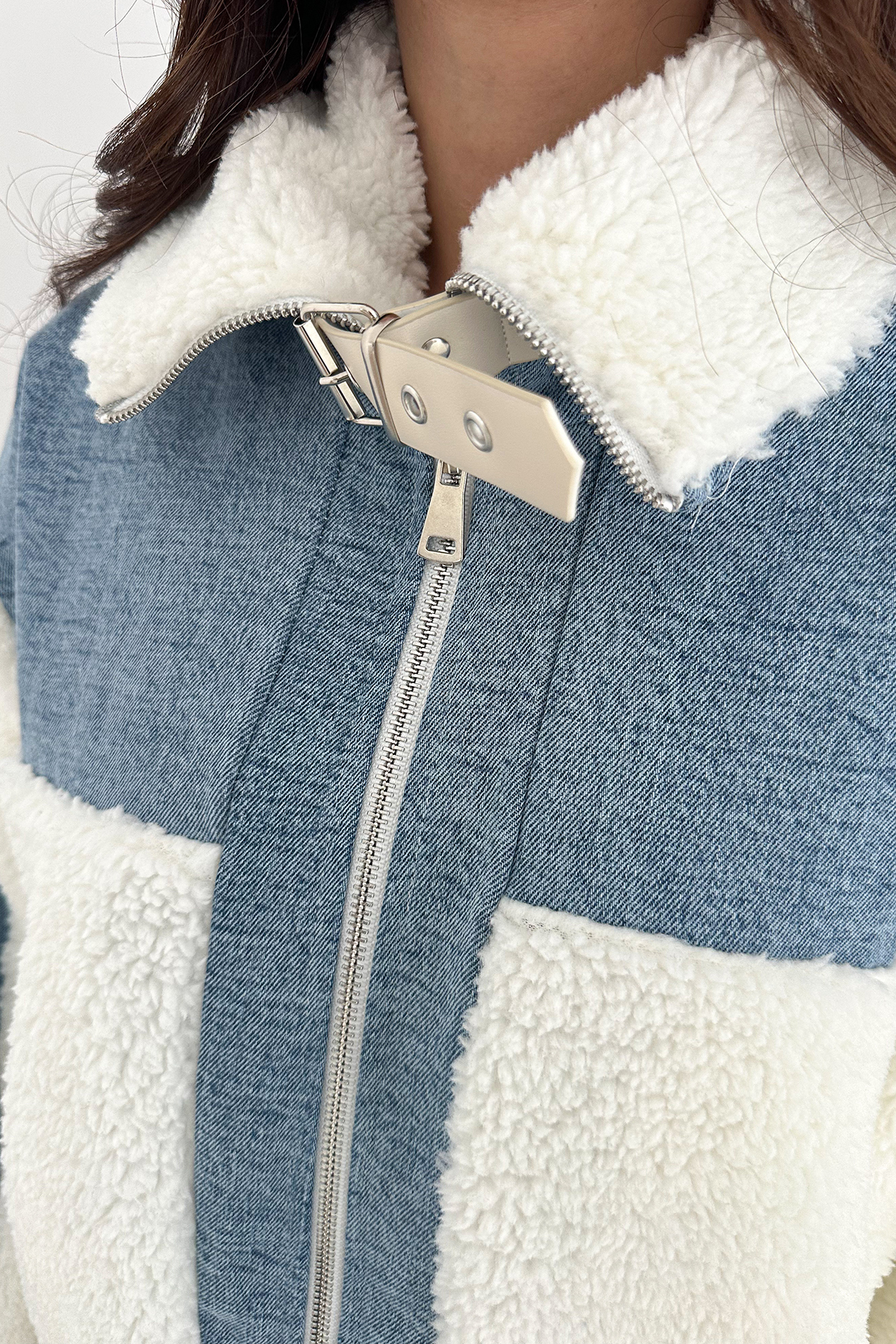 Noa Noa  Kadın Patchwork Sherpa Mont – Denim Frost - Görsel 4