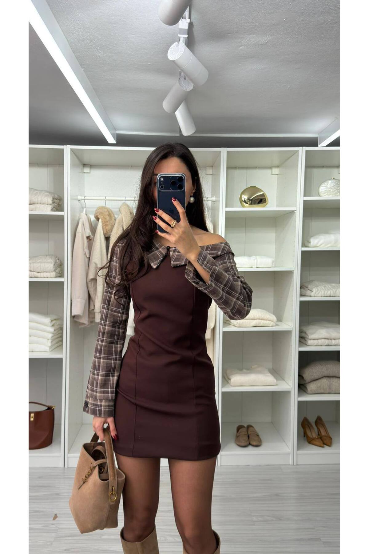 FMN Butik tok kumaş tasarım ekose kayık yaka gömlek detay straplez geçiş uzun kollu pinterest mini elbise