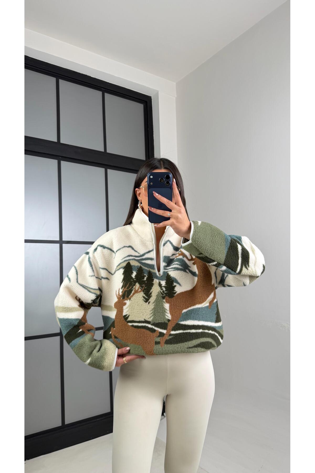 Gaus  Yeşil Fermuarlı Geyik Desenli Polar Sweatshirt GAUS-00723 GAUS-01100 - Görsel 5