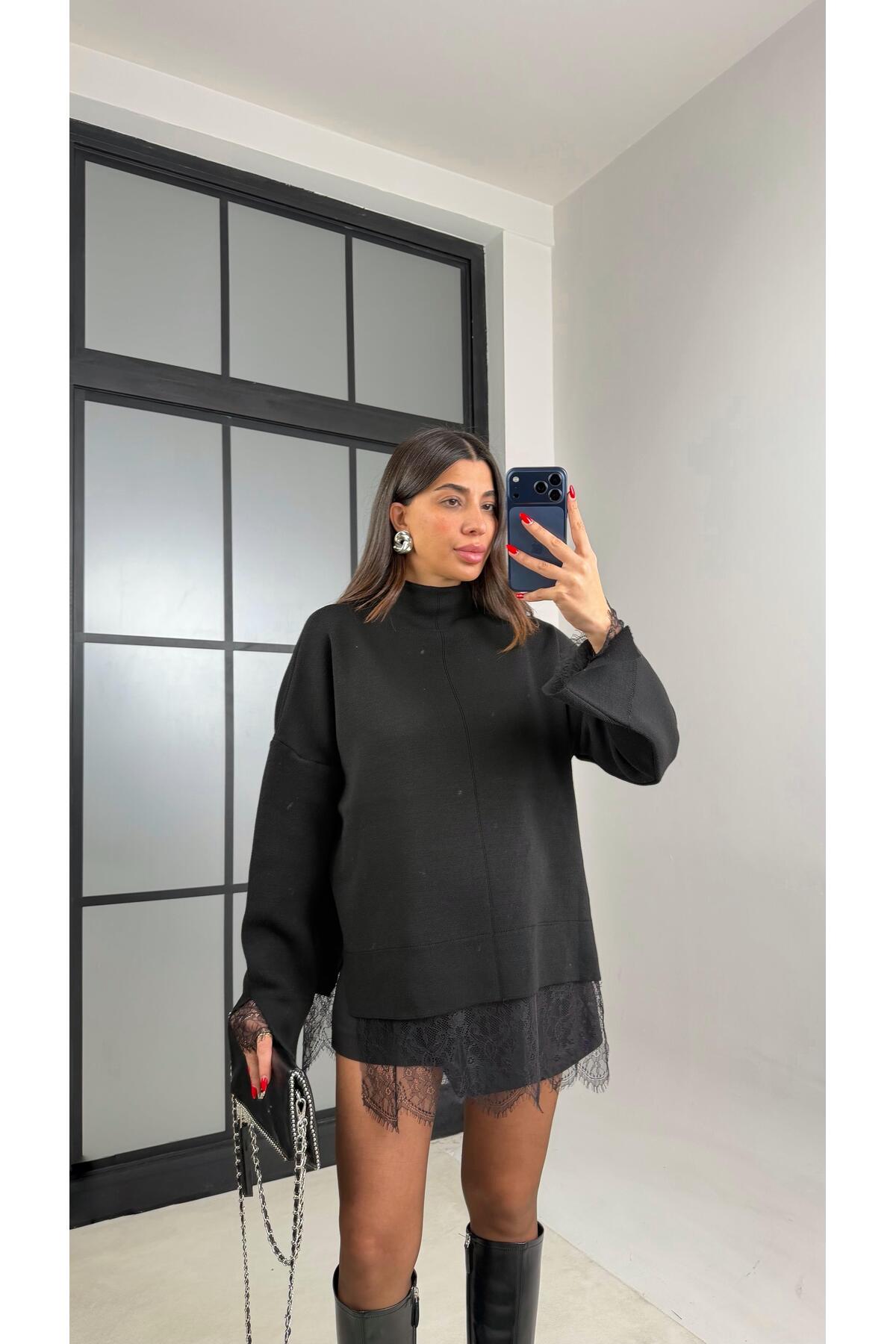 Gaus  Siyah Dantel Detaylı Triko Kazak GAUS-01055 - Görsel 5