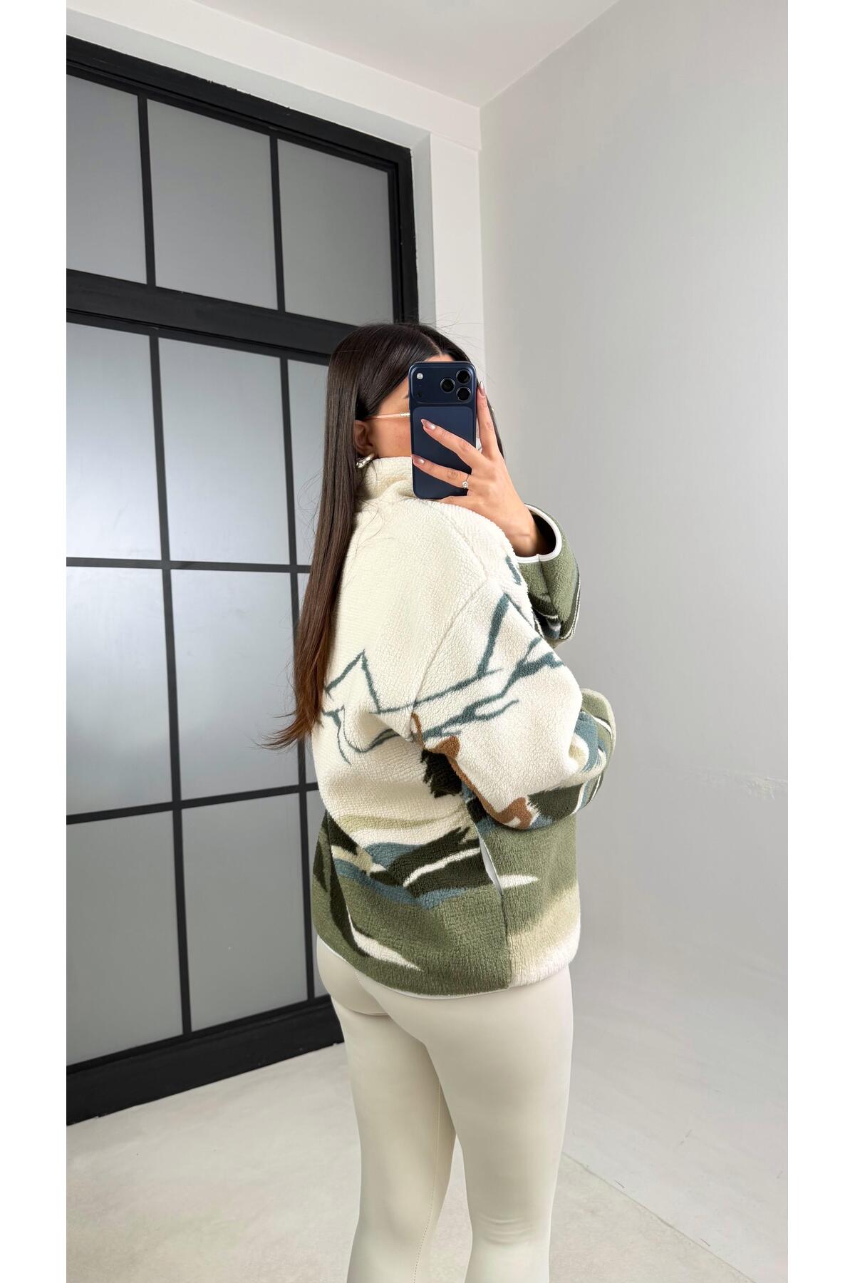 Gaus  Yeşil Fermuarlı Geyik Desenli Polar Sweatshirt GAUS-00723 GAUS-01100 - Görsel 4