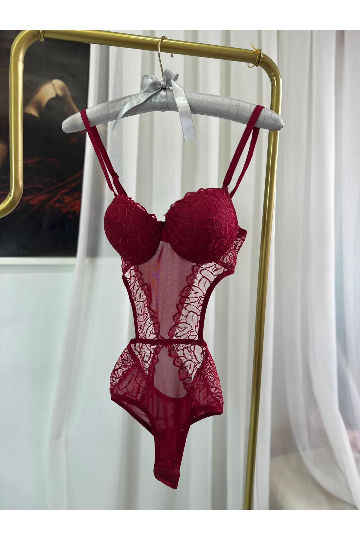 Women's Claret Red Lace Underwired Supported Chest Decollete Transparent Tulle Body Filled Lingerie