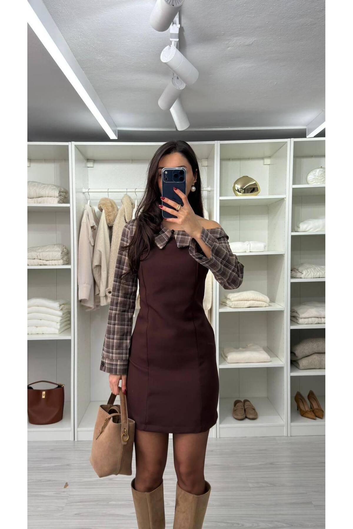 FMN Butik tok kumaş tasarım ekose kayık yaka gömlek detay straplez geçiş uzun kollu pinterest mini elbise görsel 2
