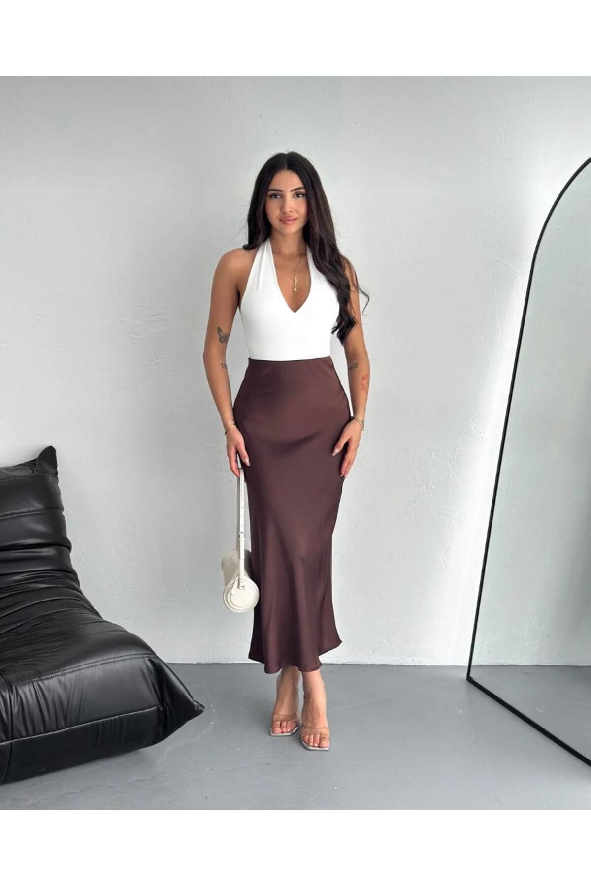 MODAM HİFA Fusta de damă elegantă din satin lucios, elastică, evazată, lungim...