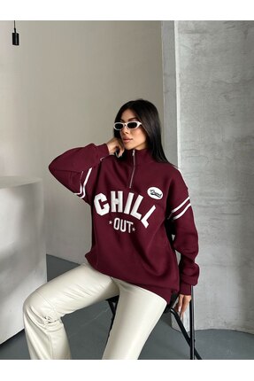 GUMMORE COLLECTİON Yarım Fermuarlı Chill Out Nakışlı Oversize İçi Polarlı Pam...