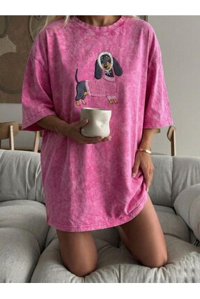 GUMMORE COLLECTİON Sosis Köpek Desenli %100 Pamuk Yıkamalı Tasarım Oversize T...