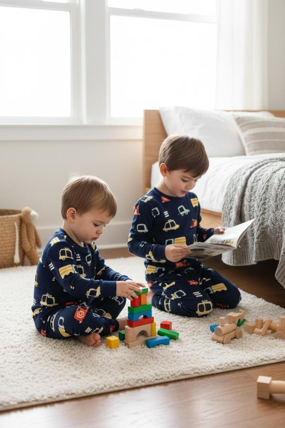 SERRASTIL Erkek Çocuk Kamyon Araba Desenli Pamuklu Pijama Takımı -Uzun Kollu Lacivert Renk fotoğrafı 2 (önizleme)