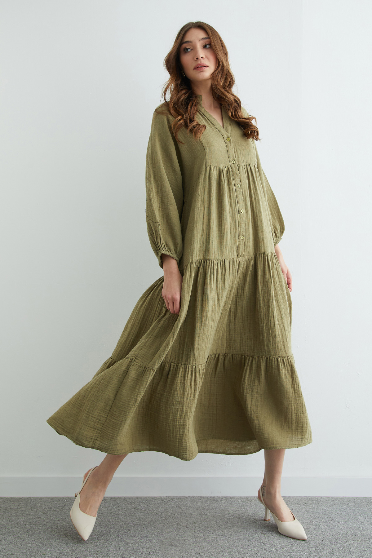 Fullamoda  Fullamodest Yarım Düğmeli Hakim Yaka Müslin Elbise - Görsel 5