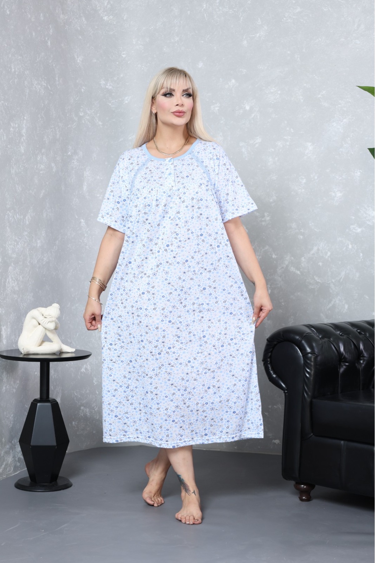 ZBTEKS Mevsimlik %100 Pamuklu Çok Bol Kesim Geniş Kalıp Kısa Kollu Anne Gecelik