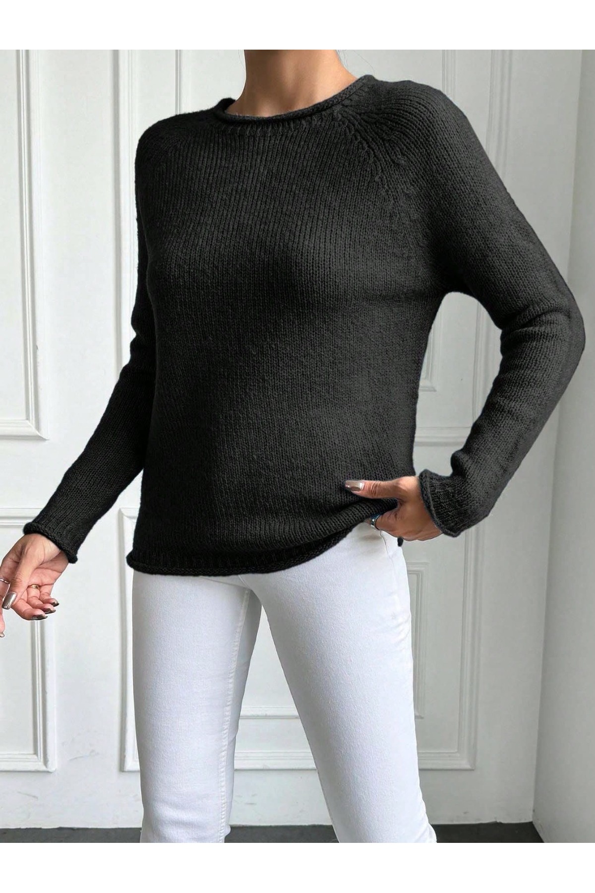 NSRKNİTWEAR  Kadın Siyah Bisiklet Yaka Triko Kazak- Günlük & Şık Kullanım - Görsel 2