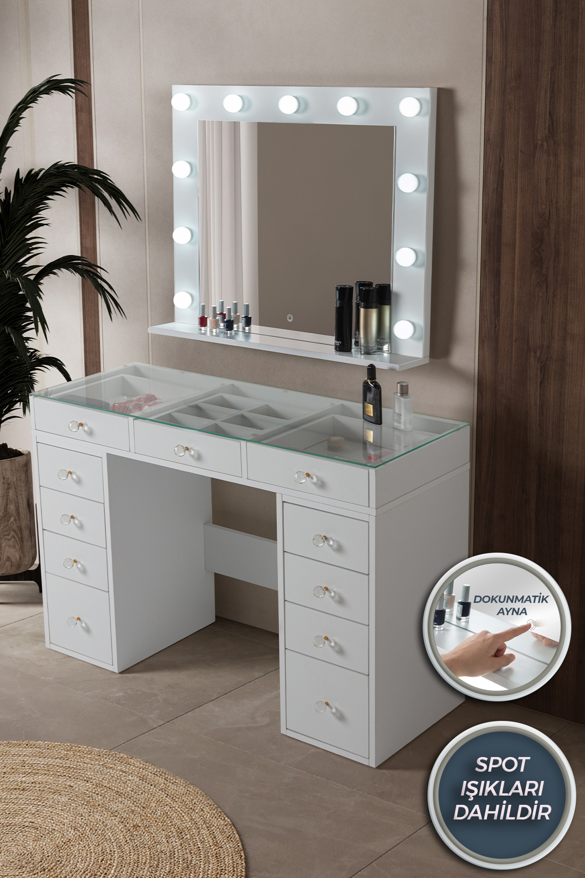 11 Drawers Jewelry Compartment Backstage Vanity Table with Touch led Mirror Glass White