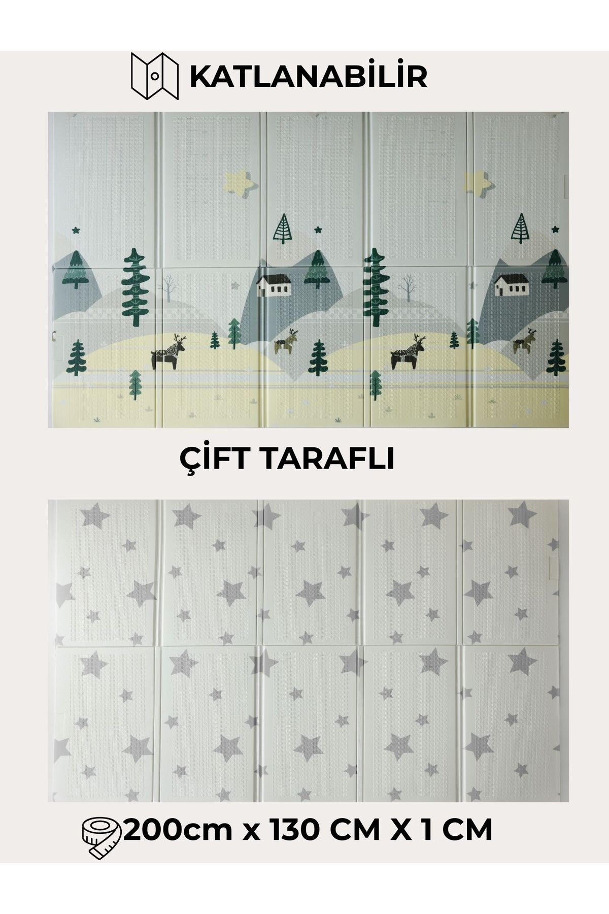 PUREZA Çift Taraflı Katlanabilir Oyun Matı Kaymaz,Darbe Emici,Bebek ve Çocuklar İçin Yerli Üretim 200x130x1 fotoğrafı 3 (önizleme)