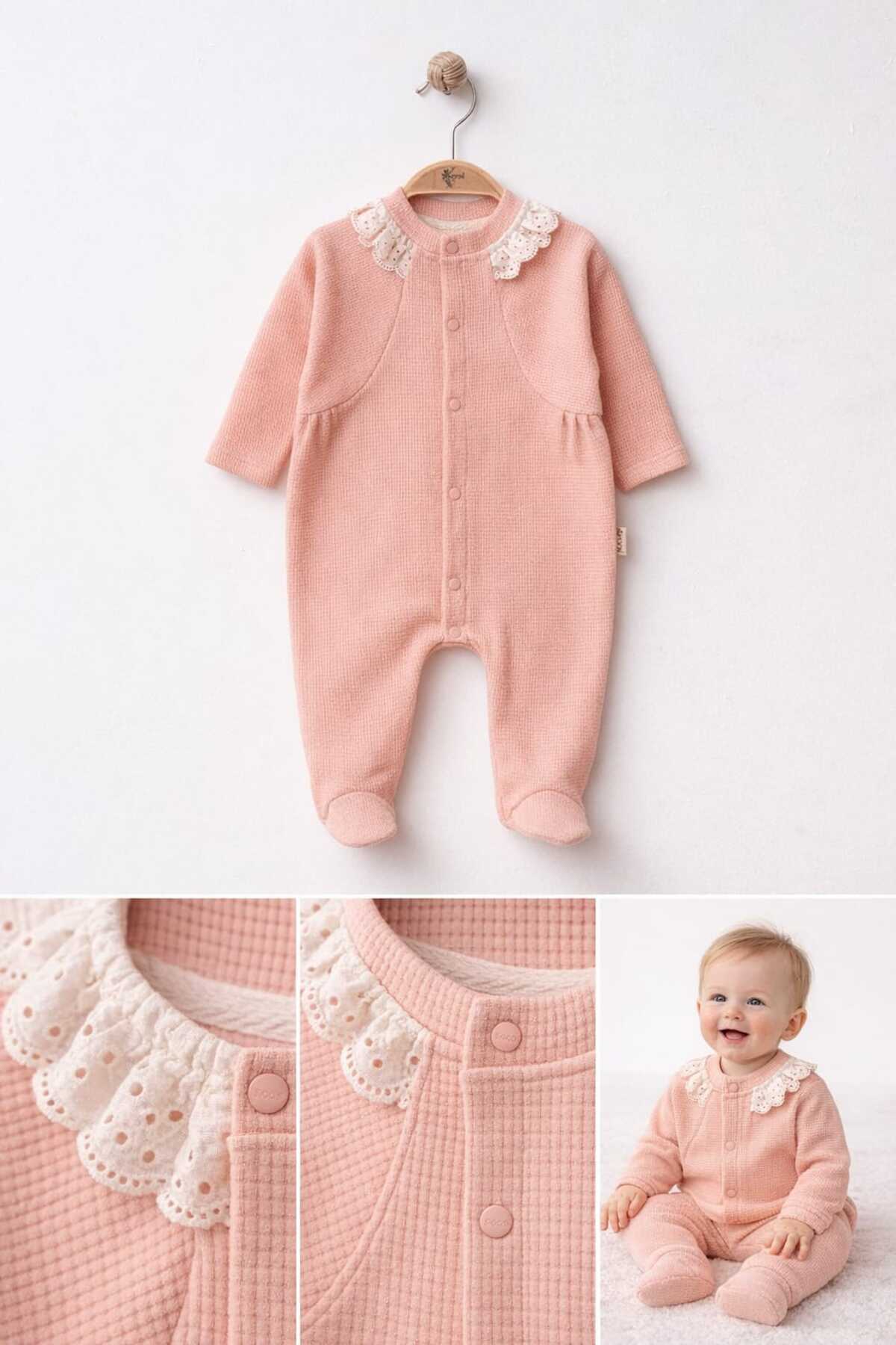 .Yeni Doğan-Fistolu Yakalı Bebek Tulum – Ayaklı Çıtçıtlı Uzun Kollu - Pamuklu –Pembe