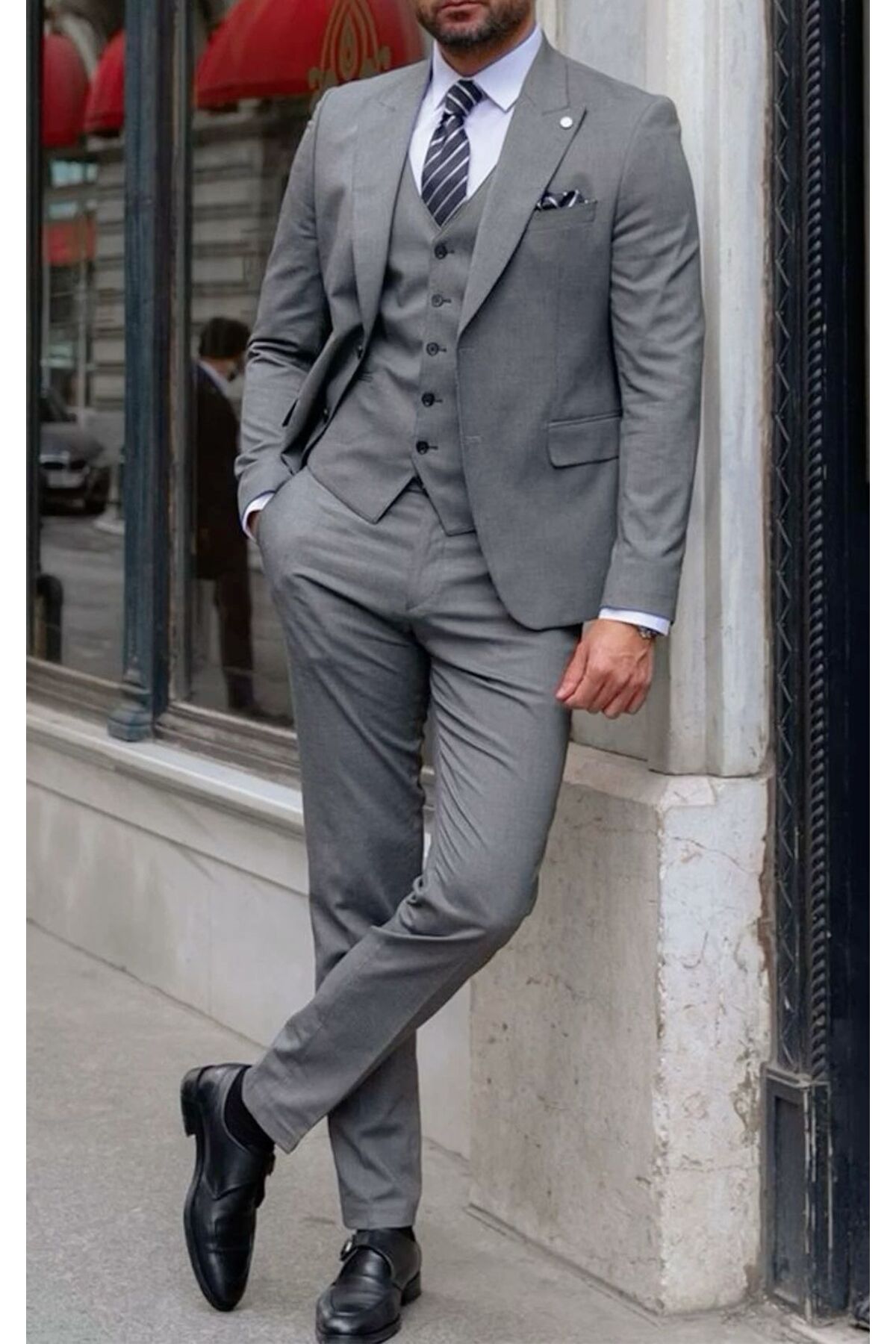 ilayda emir Kirlangiç Collar, Slim Fit, Blazer, 6 Drop, 2 Buttons, Men's Gray Suit