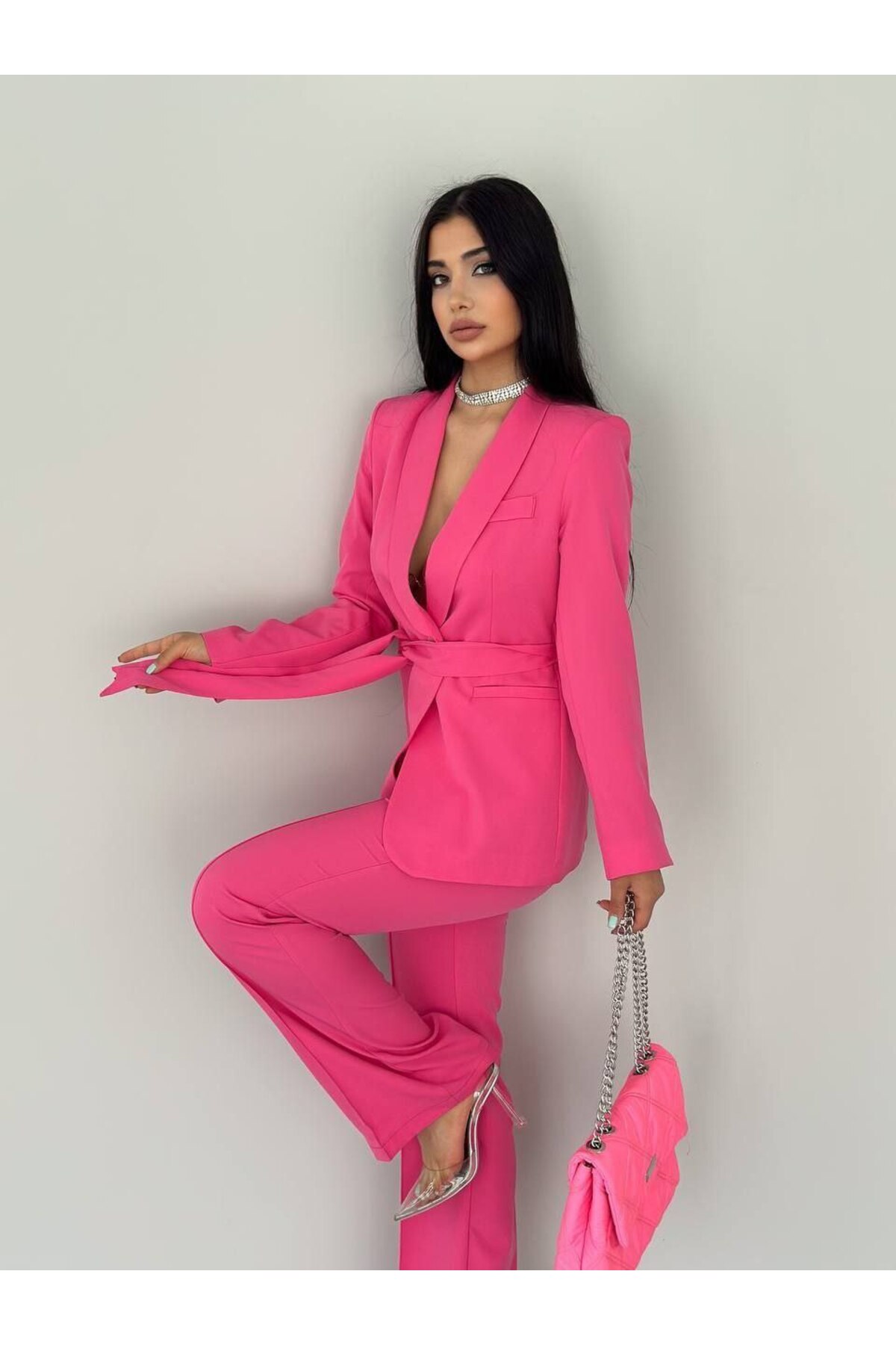 msm fashion Damen-Set mit doppeltem Gürtel, Blazer, Jacke und Hose