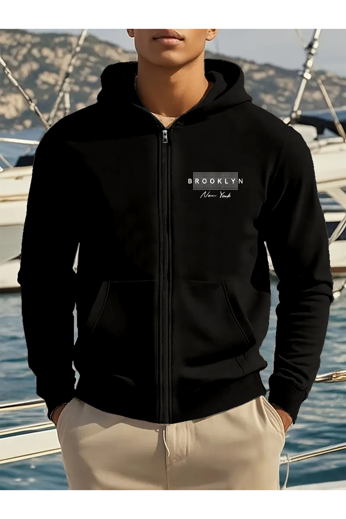 Unisex Baskılı Fermuarlı Kapüşonlu Cepli Sweatshirt Ceket — رنگارنگ 54237