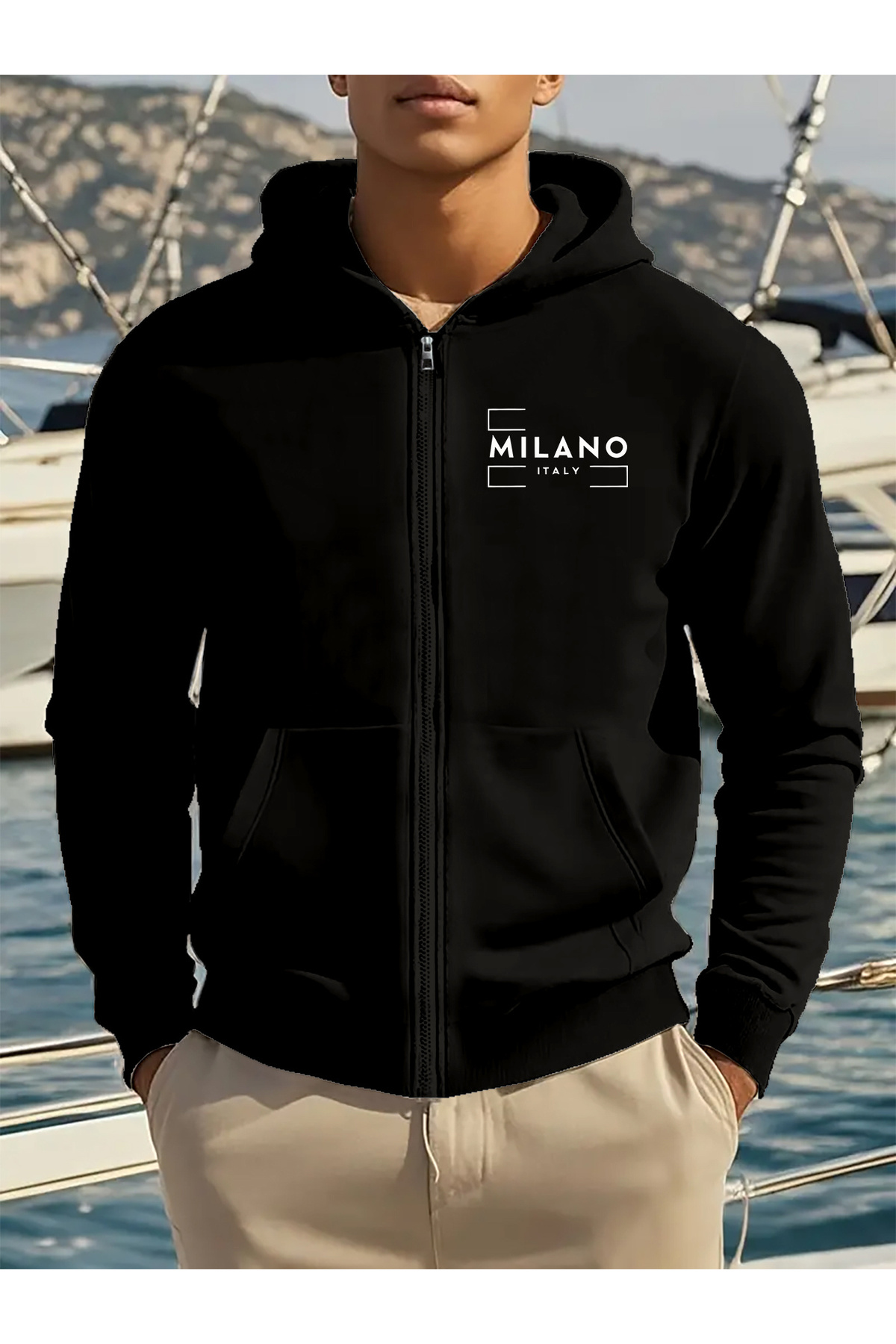 Unisex Baskılı Fermuarlı Kapüşonlu Cepli Sweatshirt Ceket — رنگارنگ 54237