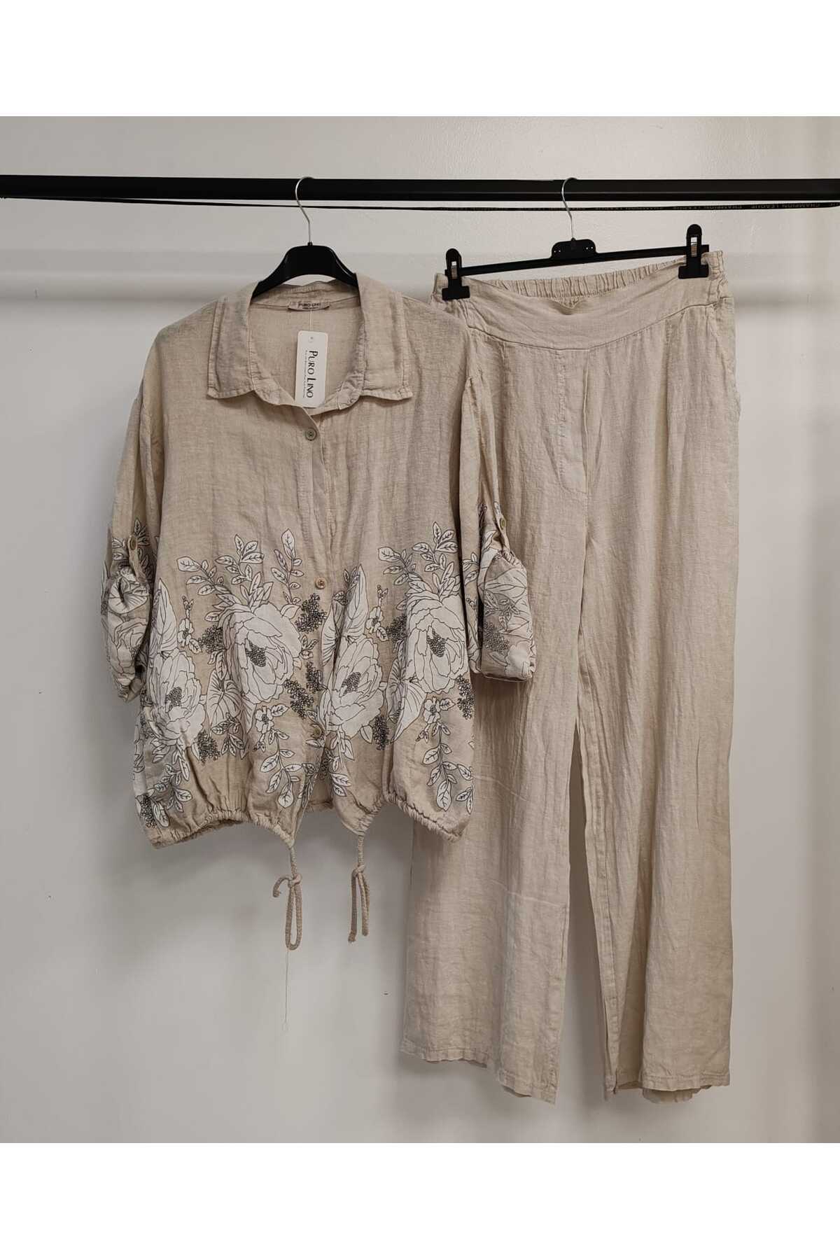 Women's Beige Italian Floral Pattern Oversize Linen Bottom Top Set 40 - 44 Size